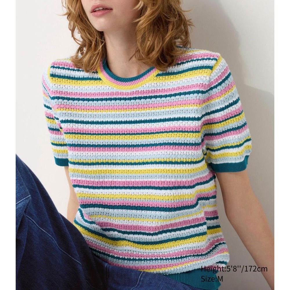 Ines de la Fressange Uniqlo Striped Pointelle Knit Short Sleeve 100% cotton